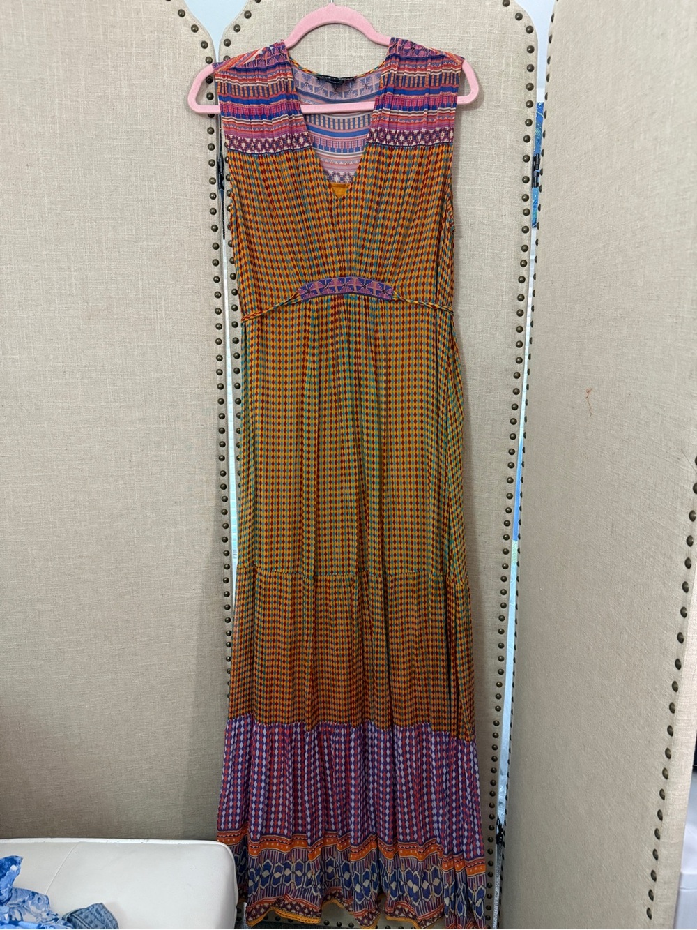Anthropologie Mixed-Print Sleeveless Maxi Dress in Rust and Purple